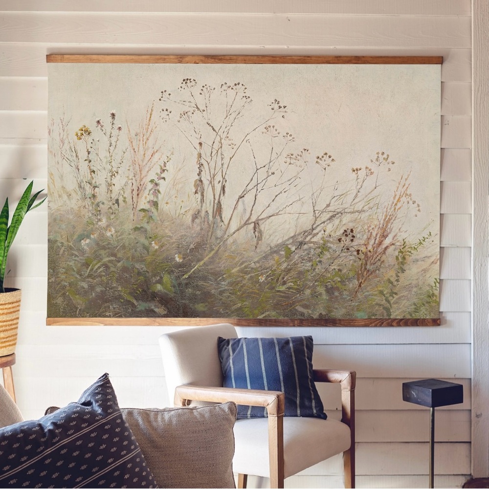 Large Vintage Art Wildflower Canvas Dark Wood Edge